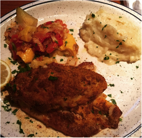 stuffed tilapia with mashed potatoes and squash